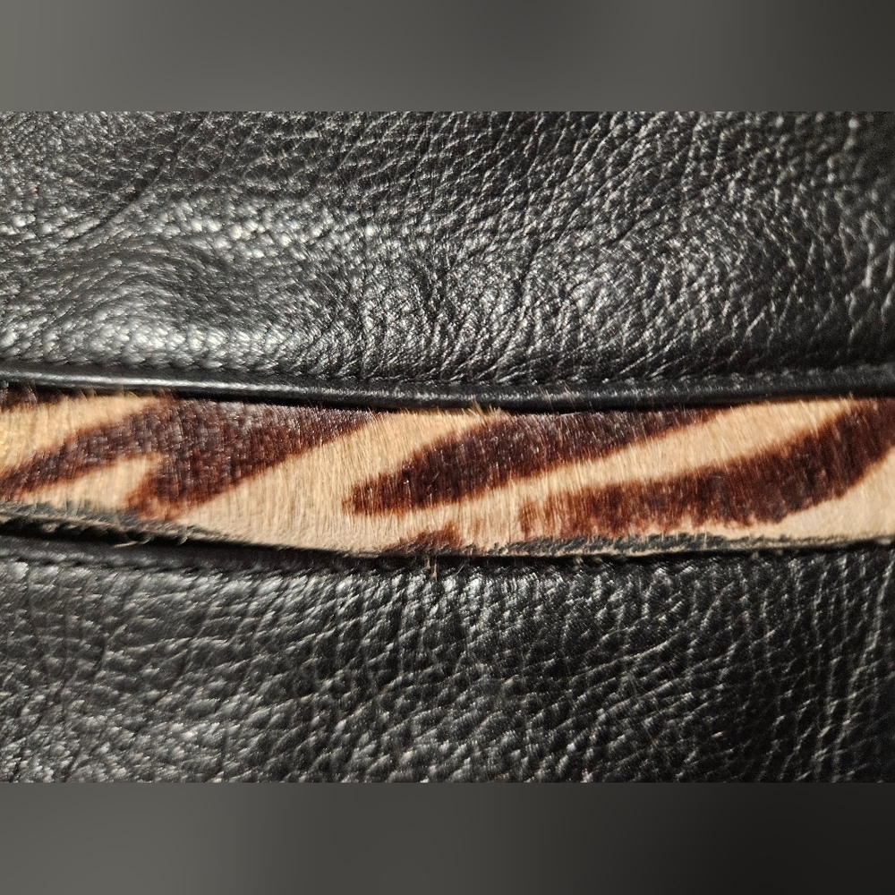 Vintage Black Leather Hobo Bag Haircalf Zebra Accent Multi Zip Shoulder Purse. - Picture 11 of 16